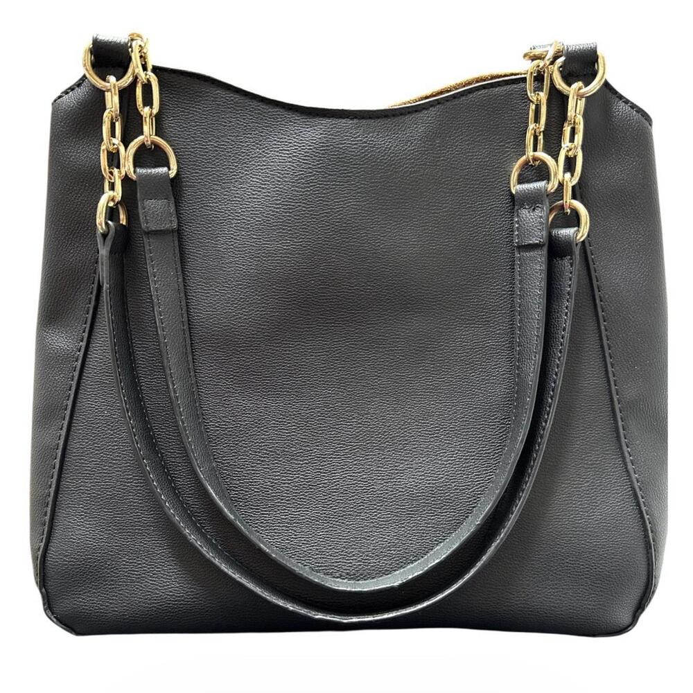 SevenDays Lifestyle & Dreams Blk Vegan Leather Shoulder Bag Gold PaperClip Chain